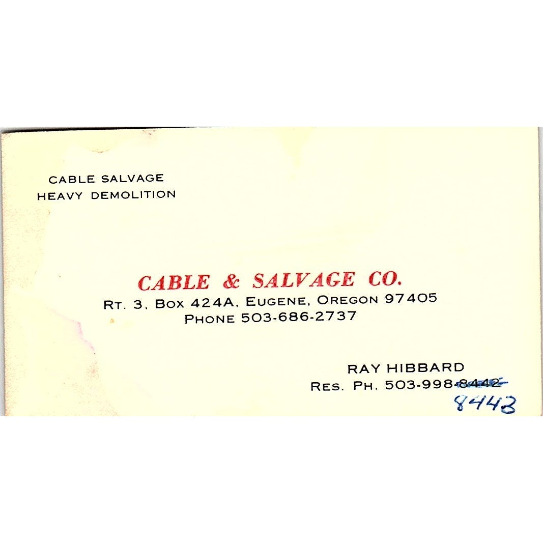 Ray Hibbard Cable & Salvage Co Eugene OR Vintage Business Card SE5-B3