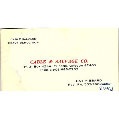 Ray Hibbard Cable & Salvage Co Eugene OR Vintage Business Card SE5-B3