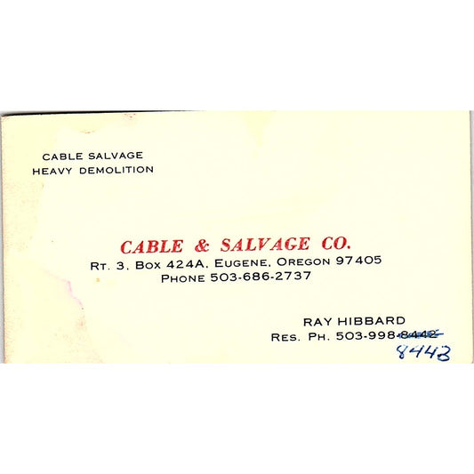 Ray Hibbard Cable & Salvage Co Eugene OR Vintage Business Card SE5-B3