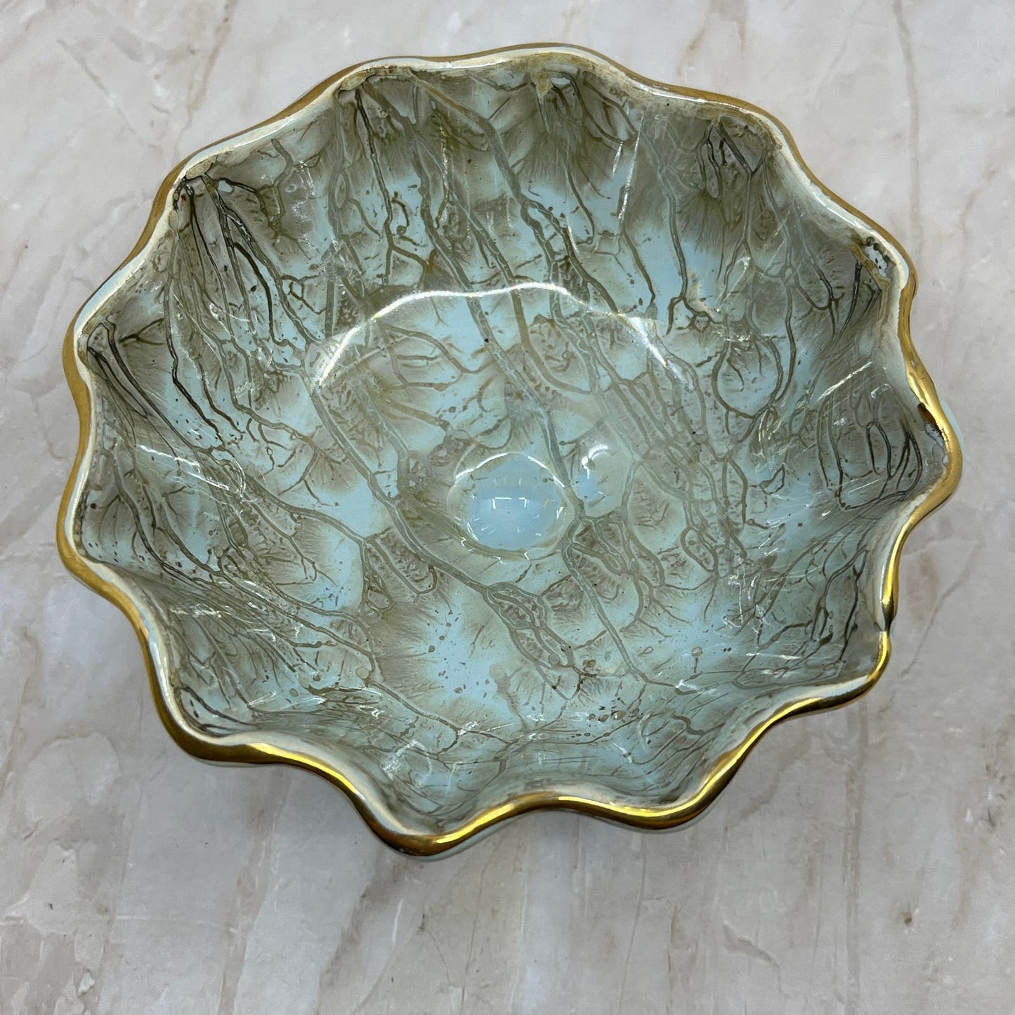 Vintage Delftware W.B. Leersum Turquoise & Gold w/brass Dish MCM 6” TD5