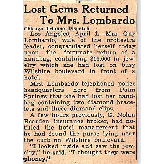 Mrs Guy Lombardo Missing Diamond Bracelets Returned 1935 Article AG6-M3