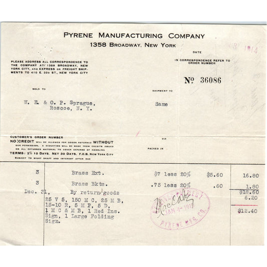 Pyrene Manufacturing Co NY 1915 Original Billhead Letterhead Receipt D8-LL