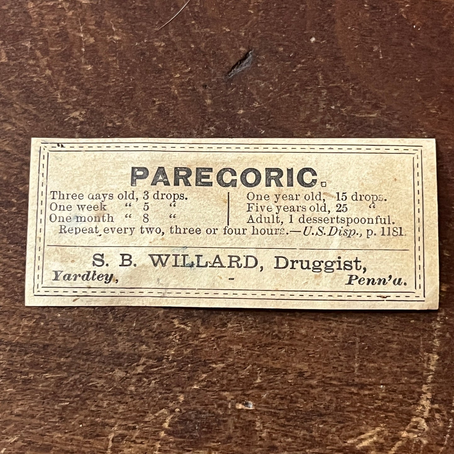 Vintage Paregoric Apothecary Bottle Label S.B. Willard Yardley PA AF9-S4