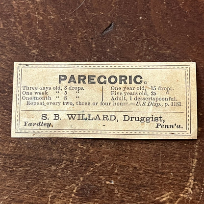 Vintage Paregoric Apothecary Bottle Label S.B. Willard Yardley PA AF9-S4