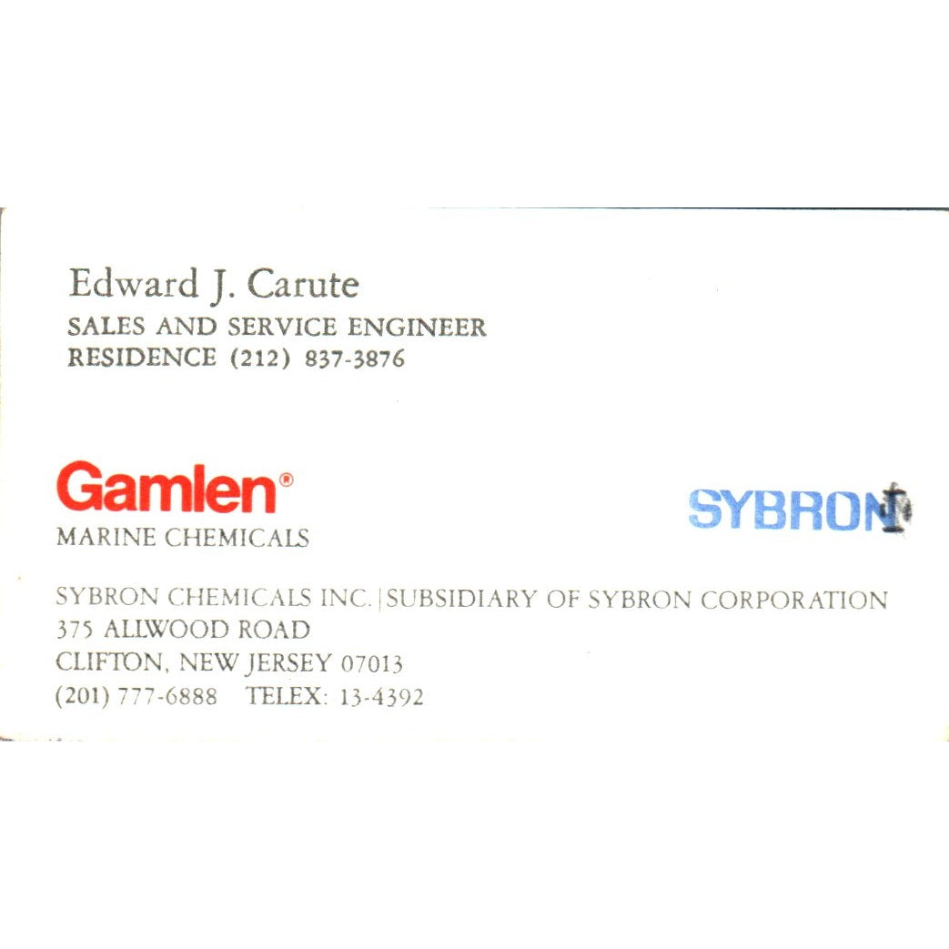 Edward J Carute Gamle Sybron Chemicals Clifton NJ Vintage Business Card SE3-B10