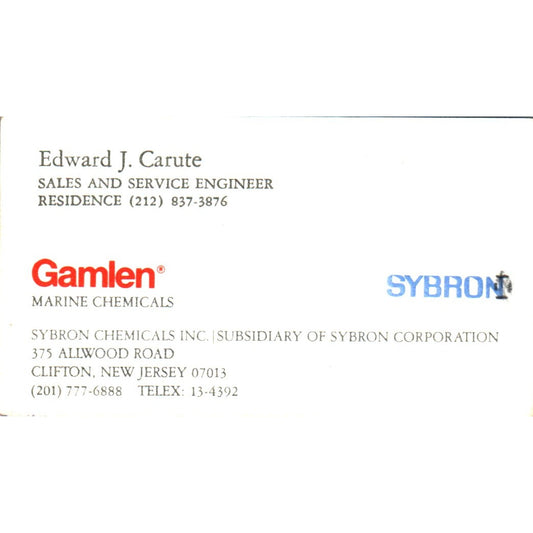 Edward J Carute Gamle Sybron Chemicals Clifton NJ Vintage Business Card SE3-B10