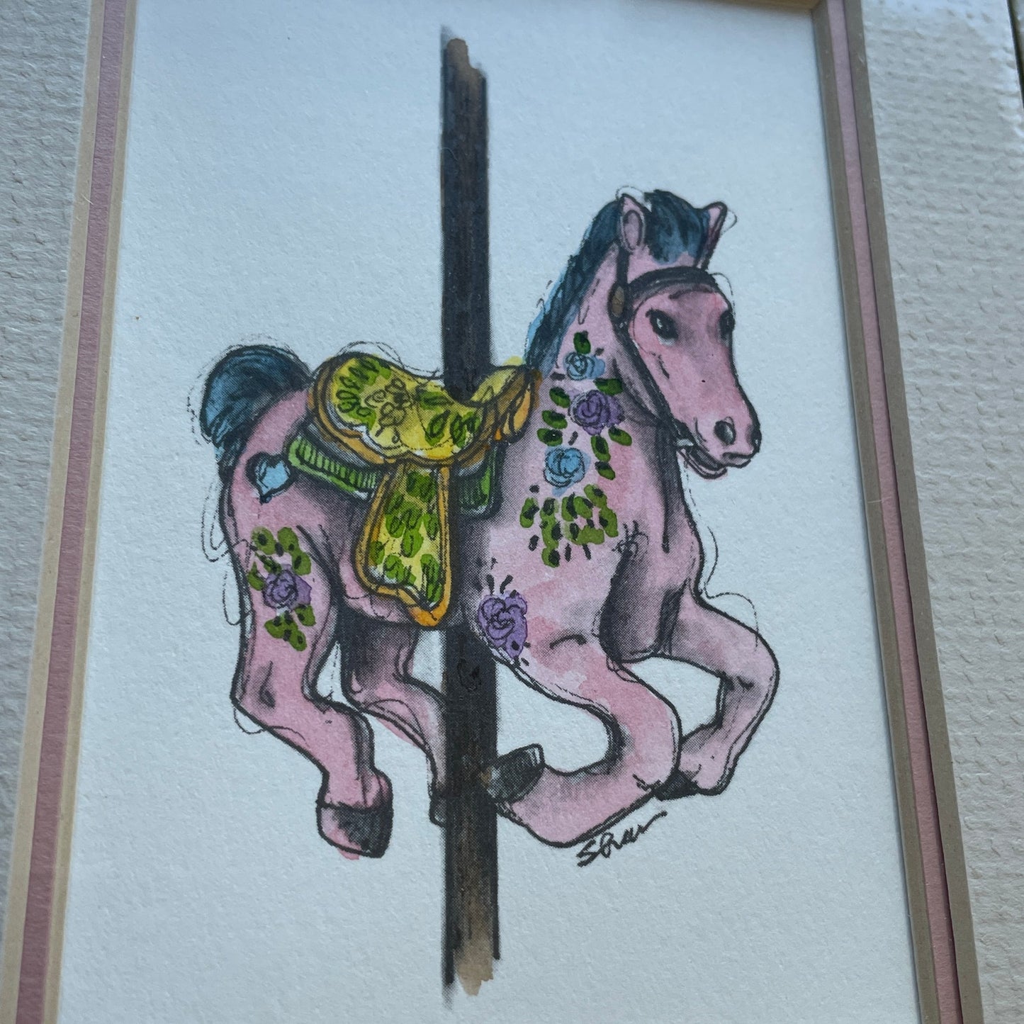 Pink Carousel Horse 5x7 Matted Print Hand Watercolor, Signed Shar Coulson