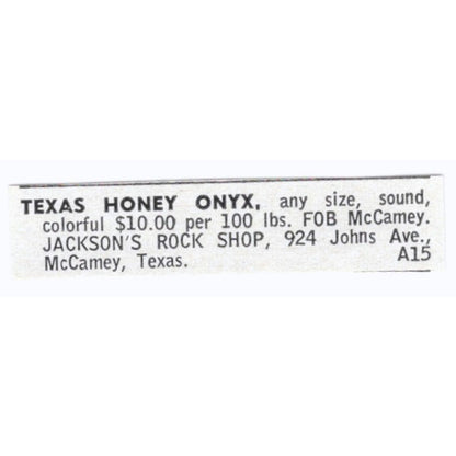 Texas Honey Onyx - Jackson's Rock Shop McCamey TX 1964 Magazine Ad AK6-S8