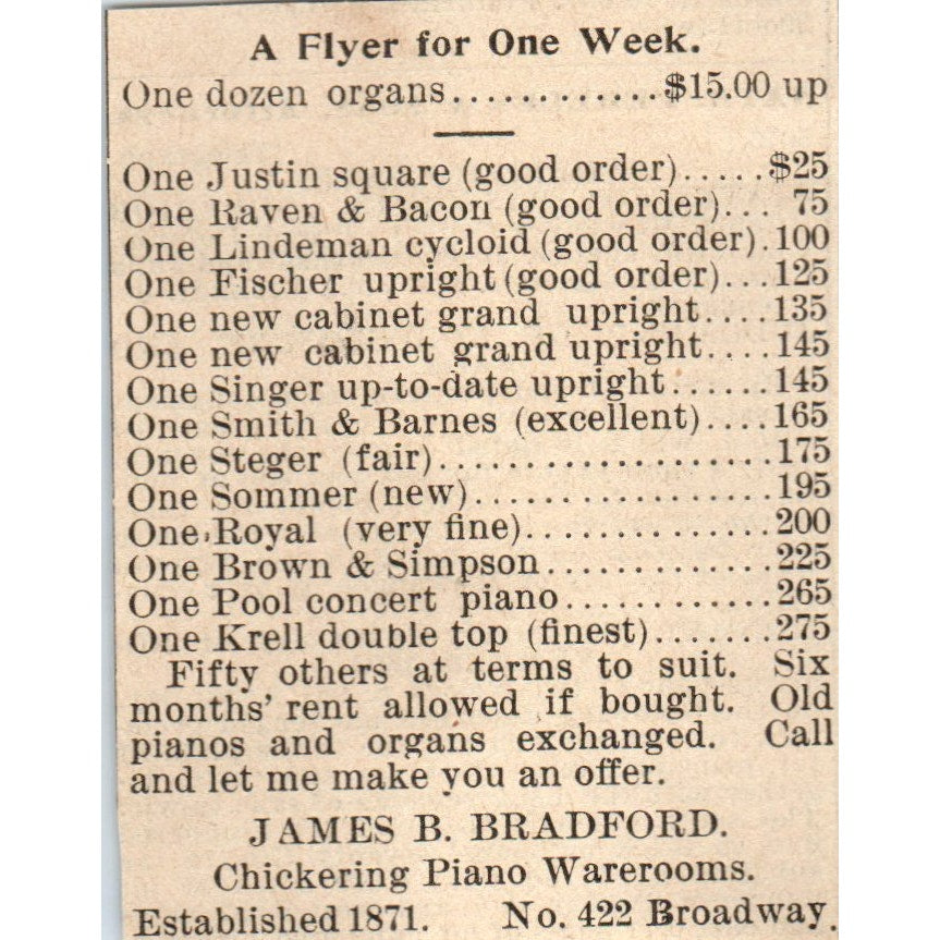 James B. Bradford Chickering Piano Warerooms 1898 Newspaper Clip AF7-SS9