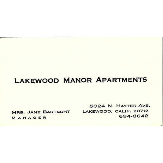 Lakewood Manor Apartments Jane Bartscht Lakewood CA Vtg Business Card SE3-B15