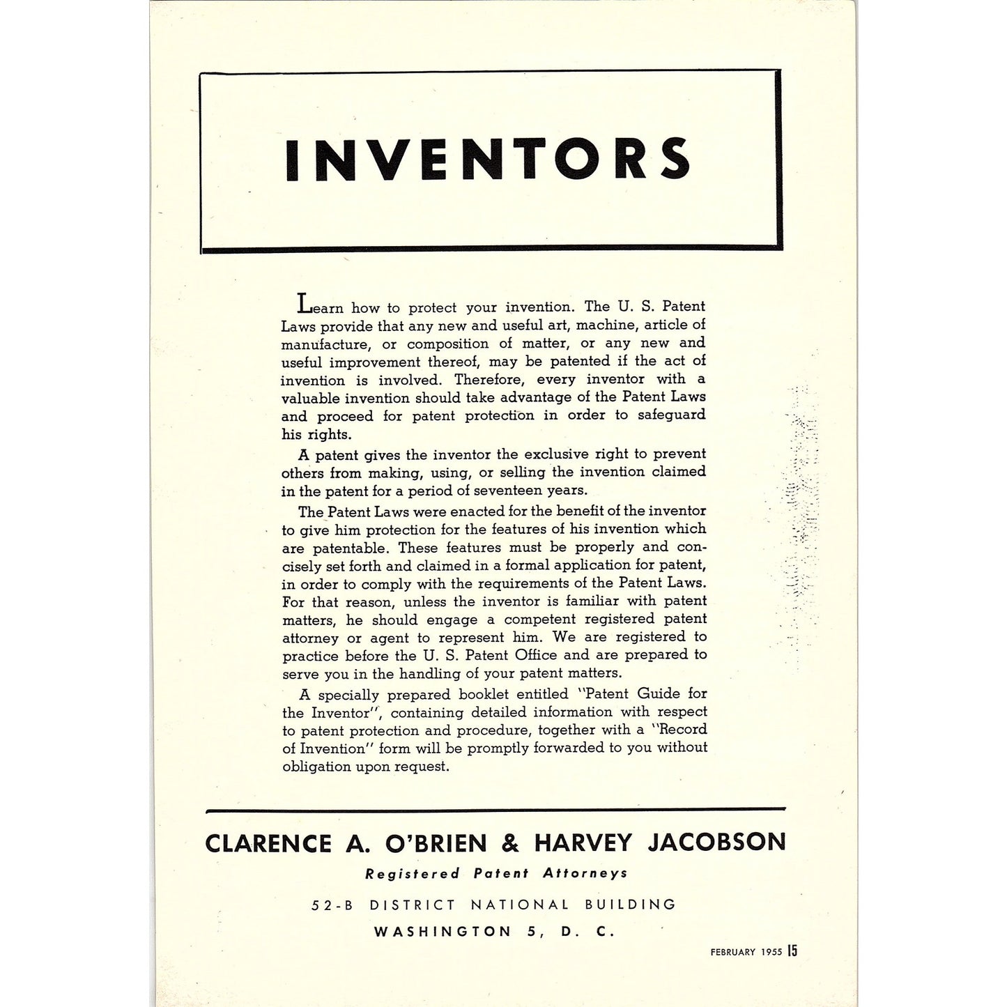 Clarence A. O'Brien & Harvey Jacobson Patent Attorneys 1955 Ad AG1-7