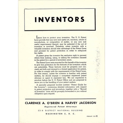 Clarence A. O'Brien & Harvey Jacobson Patent Attorneys 1955 Ad AG1-7
