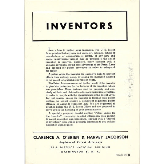Clarence A. O'Brien & Harvey Jacobson Patent Attorneys 1955 Ad AG1-7
