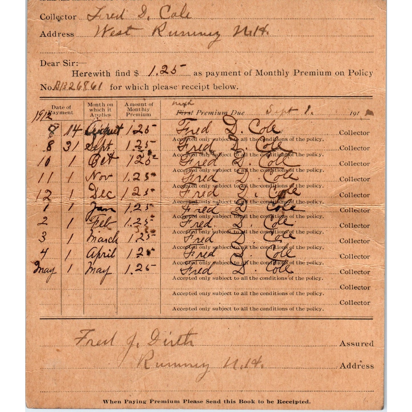 c1910 National Life Ins Receipt Book Fred D. Cole West Rumney NH D23