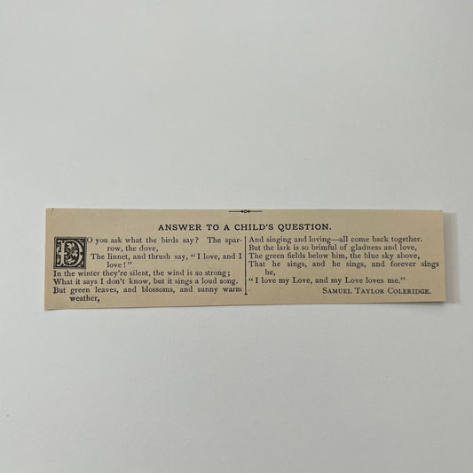 Answer to a Child's Question - Samuel Taylor Coleridge 1884 Poem AG3-M1