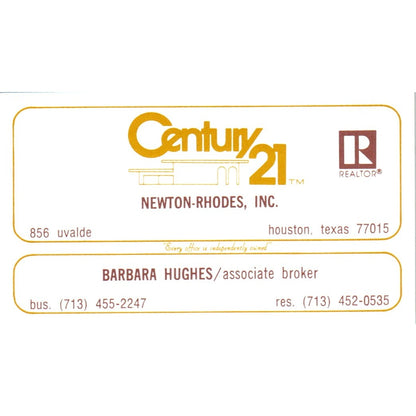 Barbara Hughes Newton-Rhodes Century 21 Realty Houston TX Business Card SD4-B5