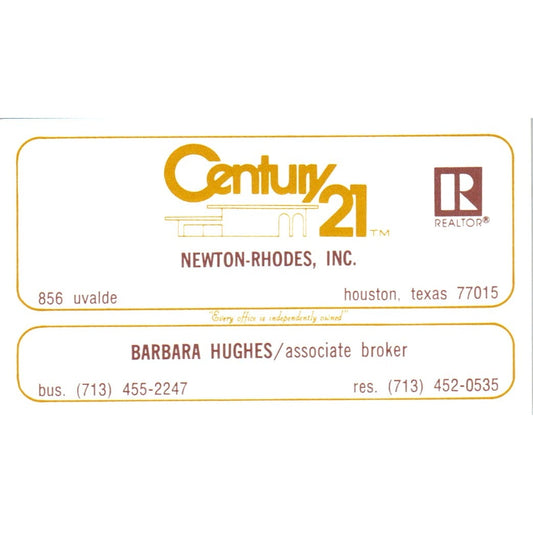 Barbara Hughes Newton-Rhodes Century 21 Realty Houston TX Business Card SD4-B5