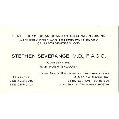 Consultative Gastroenterology, Stephen Severance, M.D. CA Business Card SF3-B8