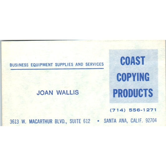 Coast Copying Products Joan Wallis Santa Ana CA Vintage Business Card SD4-B3