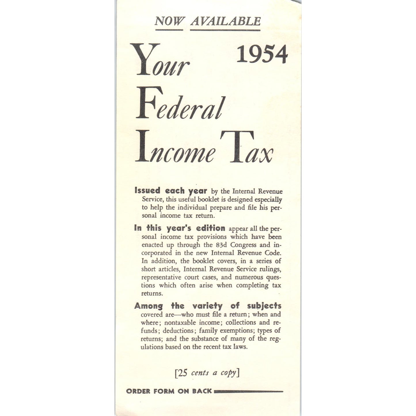 1955 US Government Printing Office Federal Income Tax Copy Order Form AE4