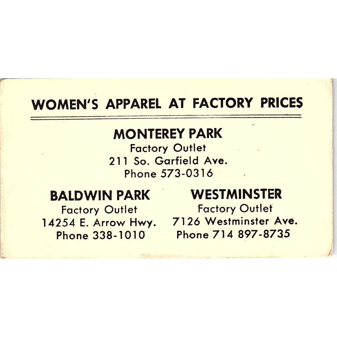 Women's Apparel at Factory Prices Monterey Park Baldwin Vtg Business Card SE5-B4