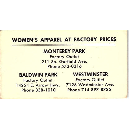 Women's Apparel at Factory Prices Monterey Park Baldwin Vtg Business Card SE5-B4