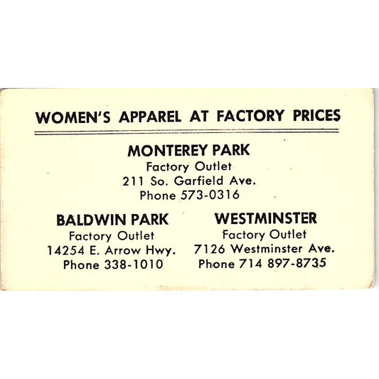 Women's Apparel at Factory Prices Monterey Park Baldwin Vtg Business Card SE5-B4