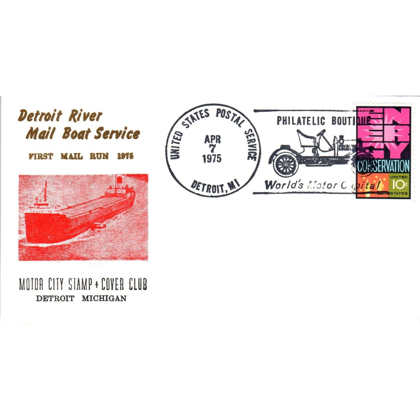 1975 Detroit River Mail Boat Service Motor City Stamp & Cover Club TI5-PC1