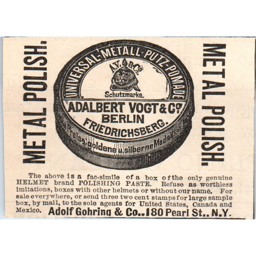Adolf Gohring & Co NY Adalbert Vogt & Co Metal Polish 1892 Magazine Ad AK6-M2