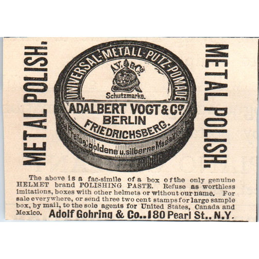 Adolf Gohring & Co NY Adalbert Vogt & Co Metal Polish 1892 Magazine Ad AK6-M2