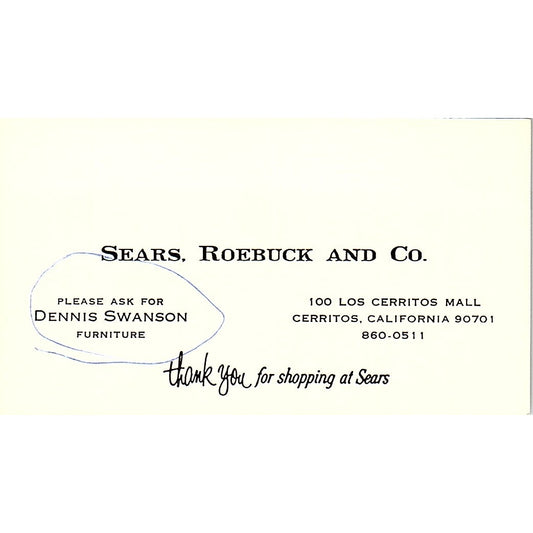 Sears Roebuck And Co. Dennis Swanson Cerritos CA Vintage Business Card SB4-B8