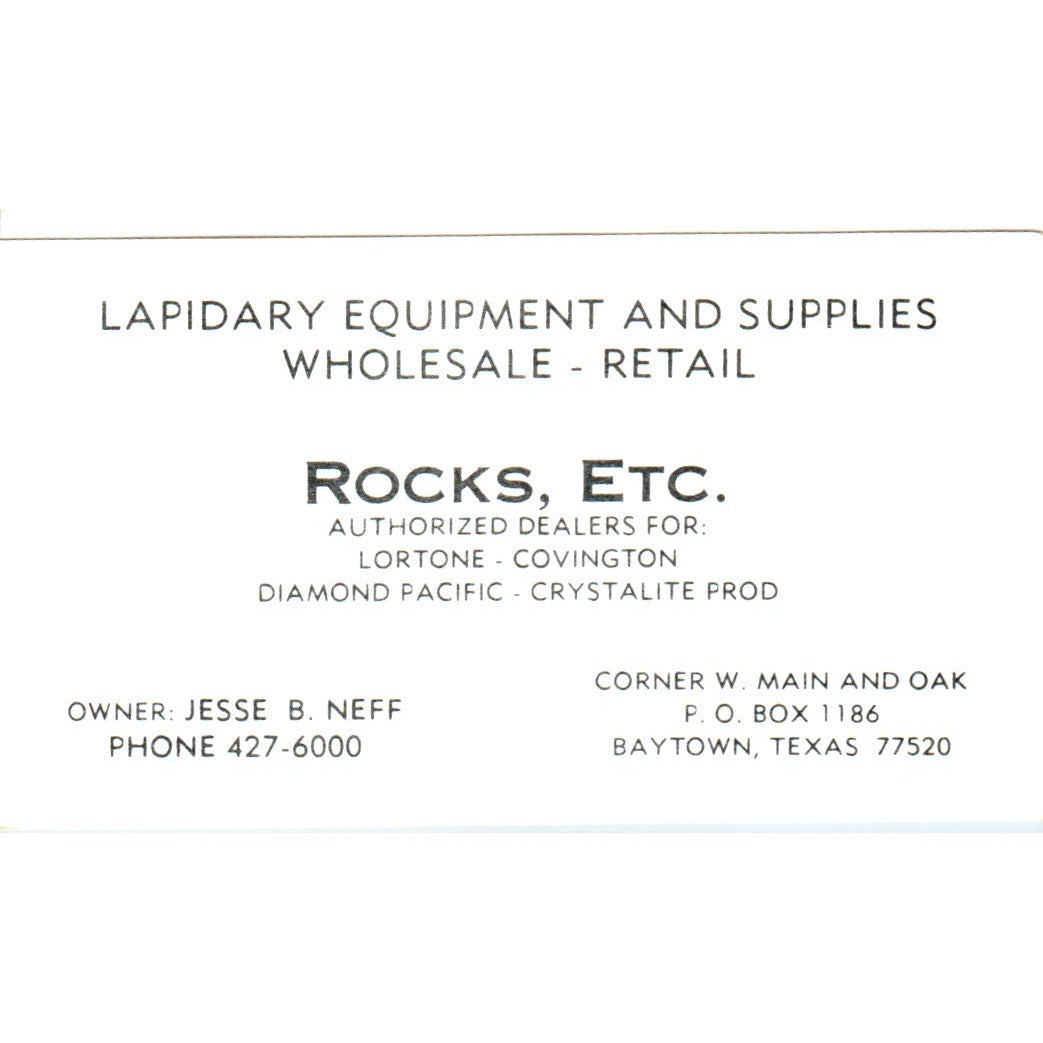 Jesse B Neff Rocks, Etc Lapidary Baytown TX Vintage Business Card SD8-B6