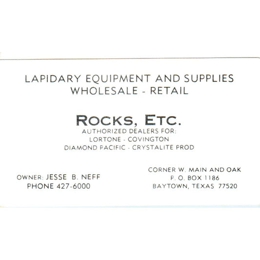 Jesse B Neff Rocks, Etc Lapidary Baytown TX Vintage Business Card SD8-B6