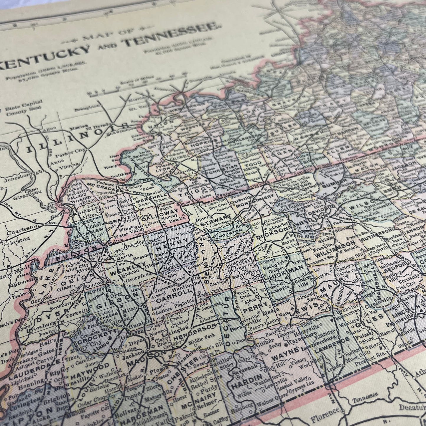 1899 Map of Kentucky and Tennessee 10x13 Original Tinted Map Engraving FL6-8