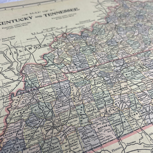 1899 Map of Kentucky and Tennessee 10x13 Original Tinted Map Engraving FL6-8