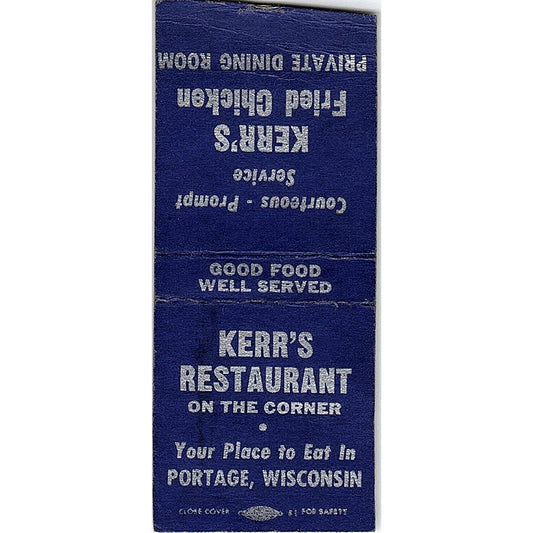 Kerr's Fried Chicken Restaurant Portage WI Vintage Matchbook Cover SE5-Y1