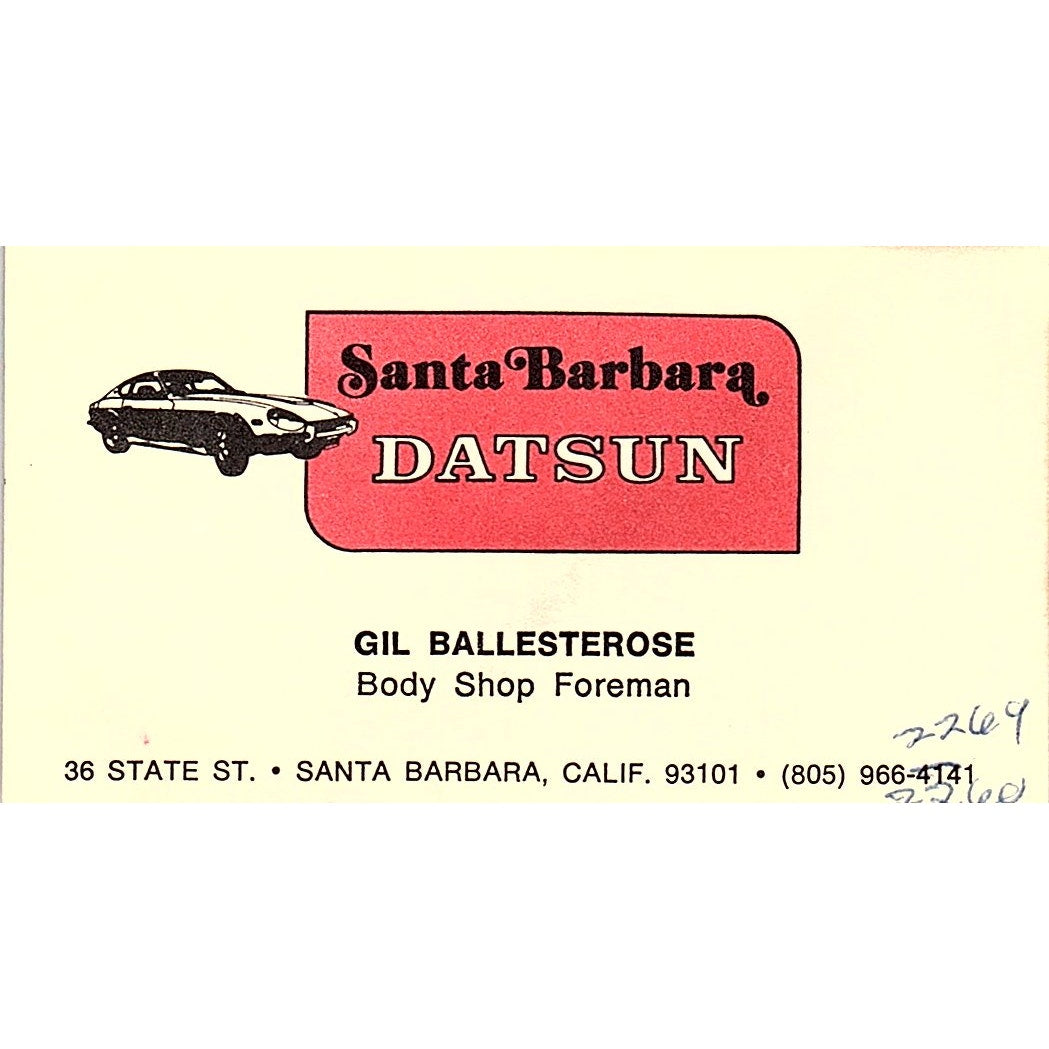 Gil Ballesterose Santa Barbara Datsun Body Shop CA Vintage Business Card SD9-B10