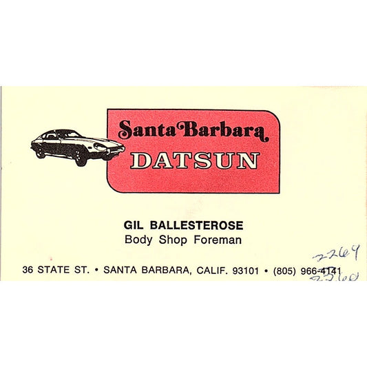 Gil Ballesterose Santa Barbara Datsun Body Shop CA Vintage Business Card SD9-B10