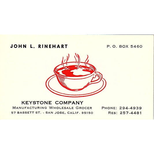 John L Rinehart Keystone Company San Jose CA Vintage Business Card SD9-B10