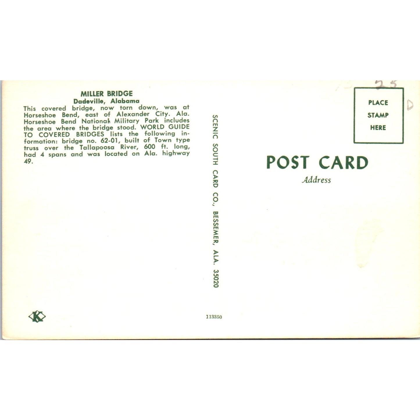 Miller Bridge Dadeville Alabama Covered Bridge Postcard PB13