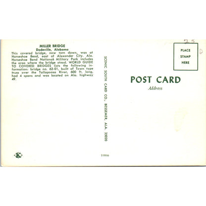 Miller Bridge Dadeville Alabama Covered Bridge Postcard PB13