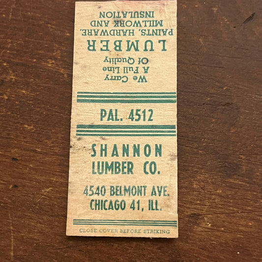 Shannon Lumber Co Belmont Ave Chicago Vintage Matchbook Cover SC7-Y4