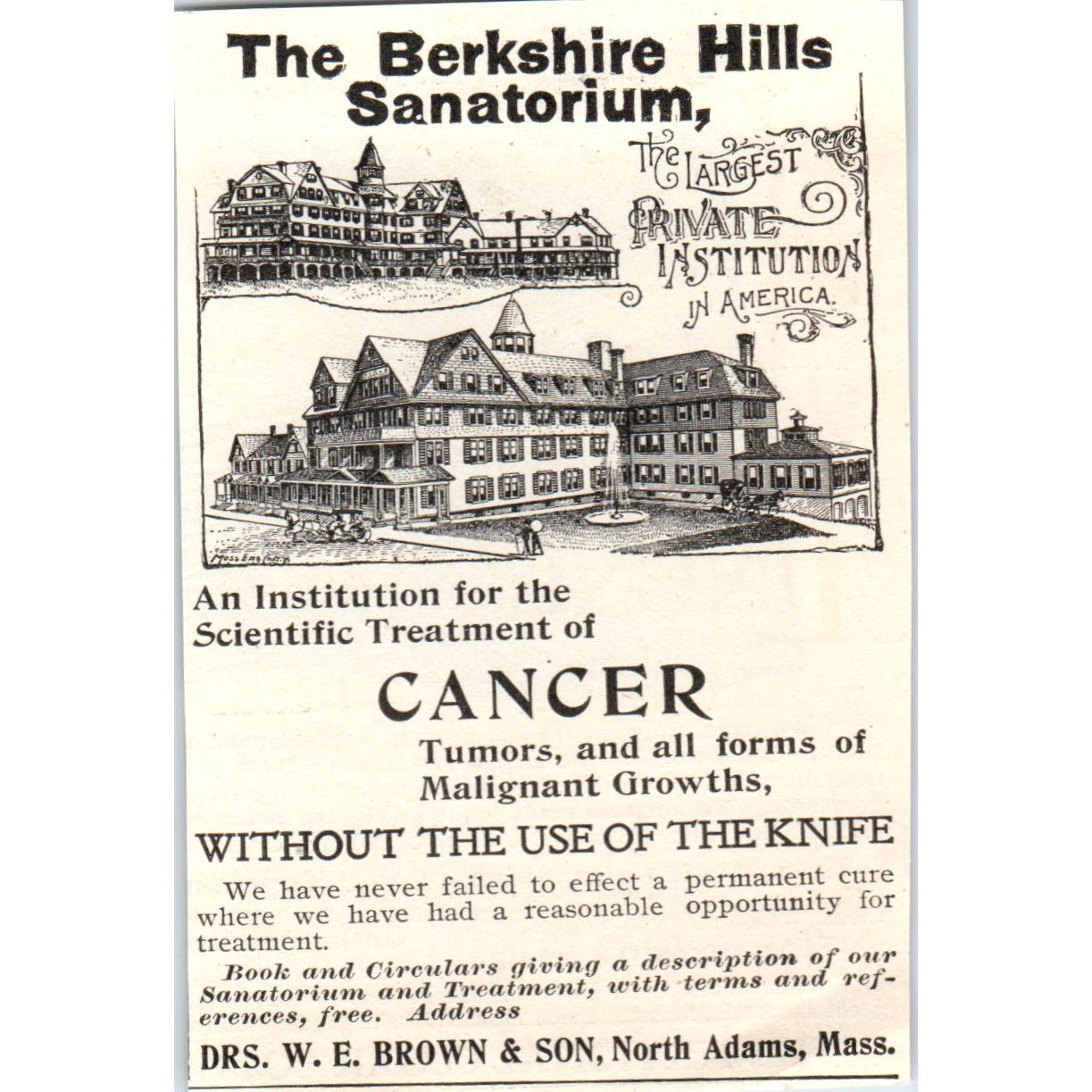 The Berkshire Hills Sanitorium Cancer Treatment W.E. Brown MA c1905 Ad AE7-A3