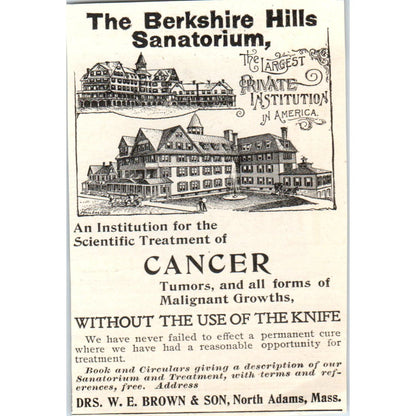 The Berkshire Hills Sanitorium Cancer Treatment W.E. Brown MA c1905 Ad AE7-A3