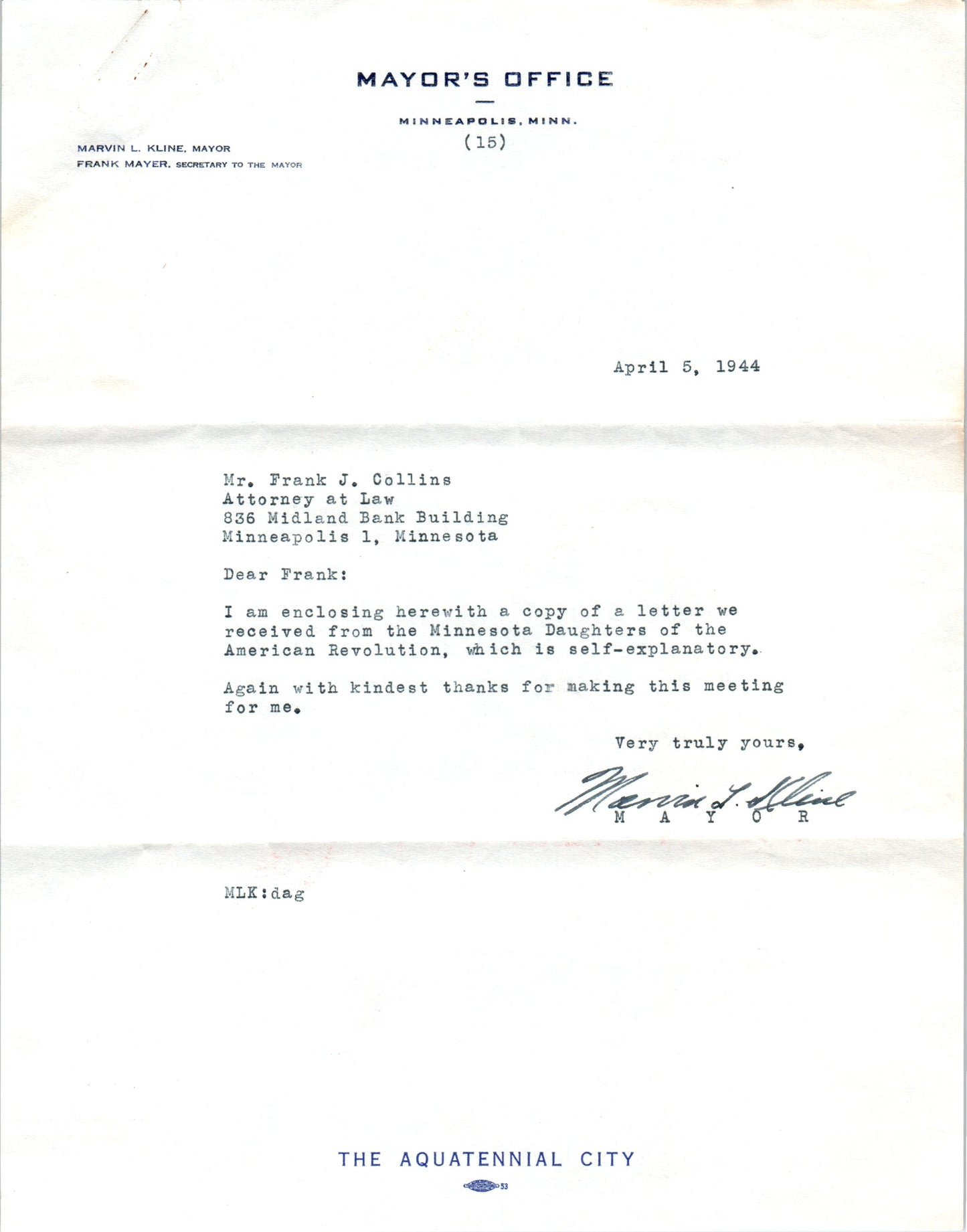 1944 Minneapolis Mayor Marvin L. Kline Official Letterhead Memo MN D9