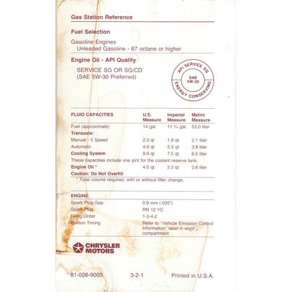 1989 Dodge Aries Owners Manual User Guide Reference Book Fuses Fluids TJ7