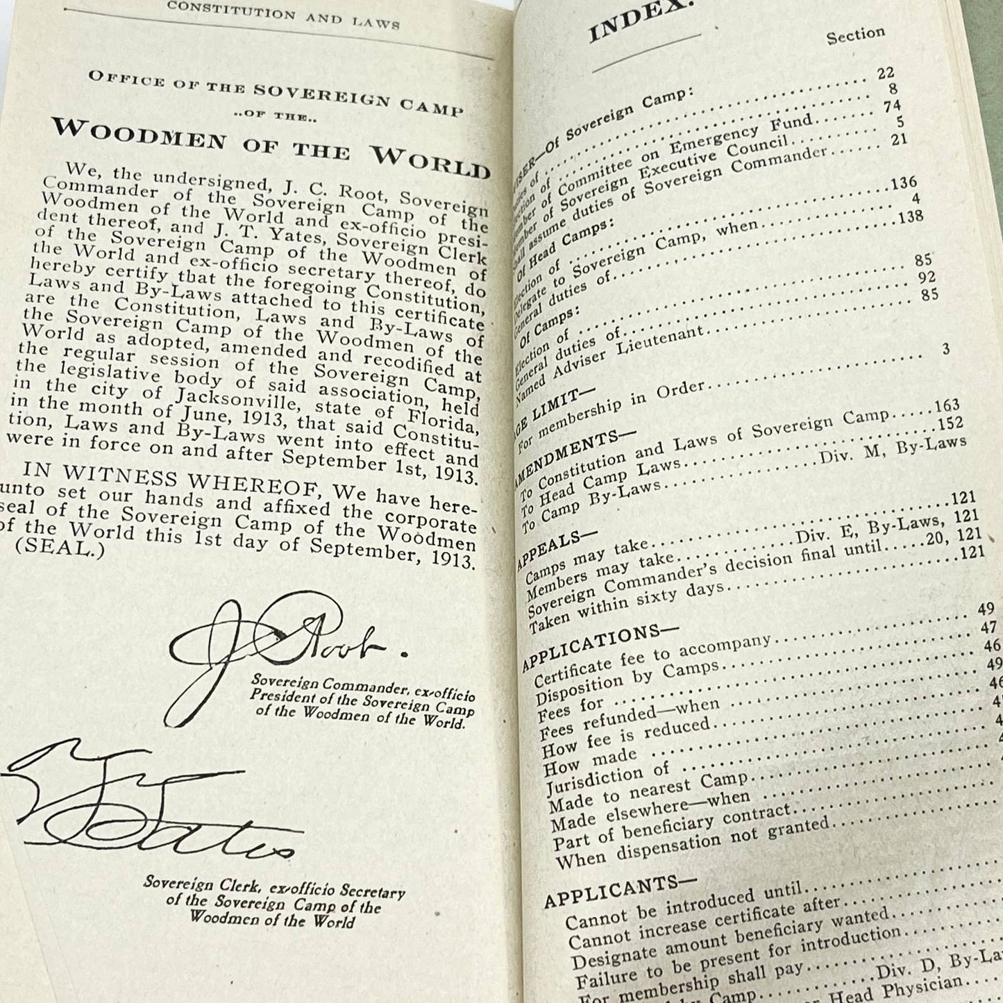 1913 Woodmen Of The World Constitution & By-laws Jacksonville FL TE8-4