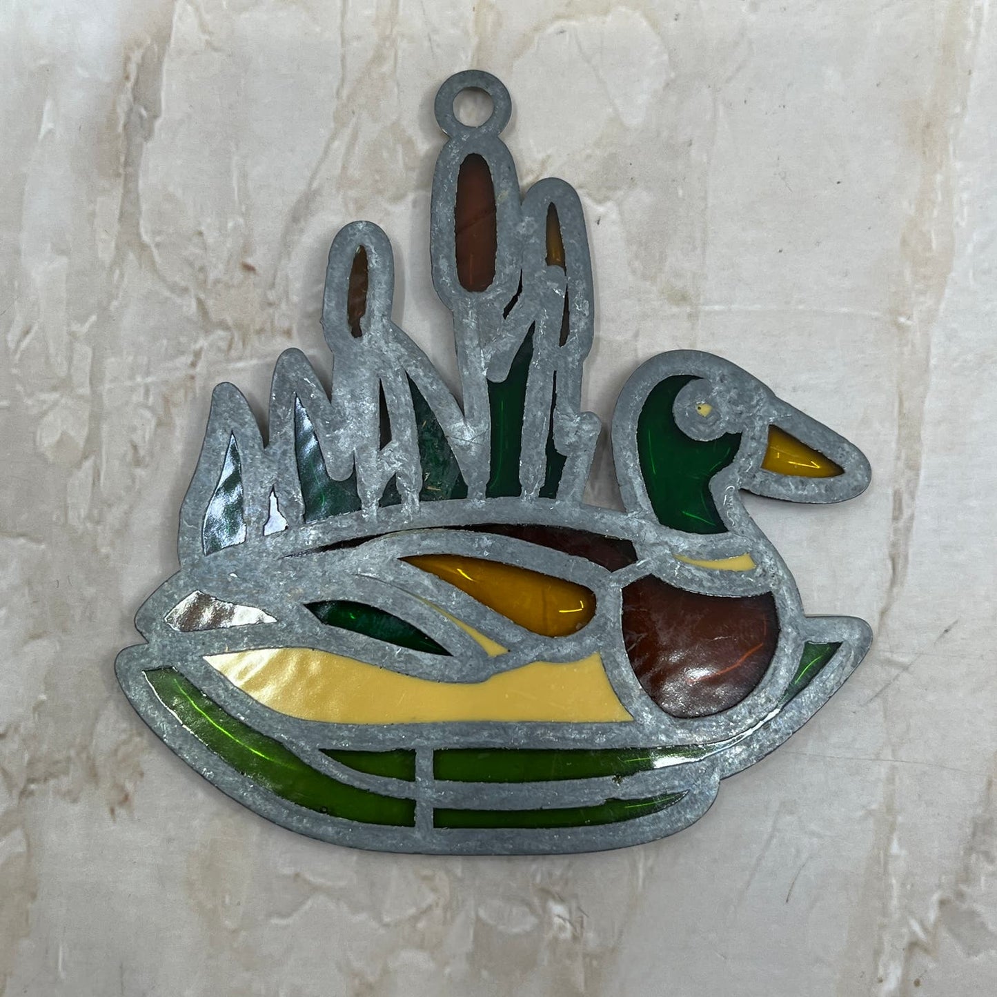 1980s Duck & Cattails Stained Glass Suncatcher 3.5" TE5-S1