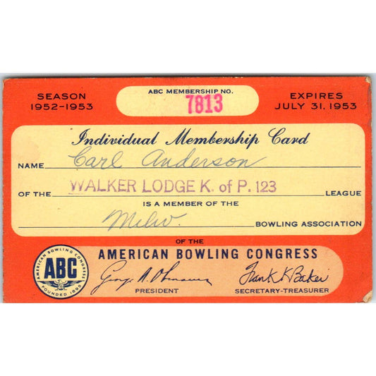 1952 American Bowling Congress Milwaukee Card Walker Lodge K of P 123 SE5-43