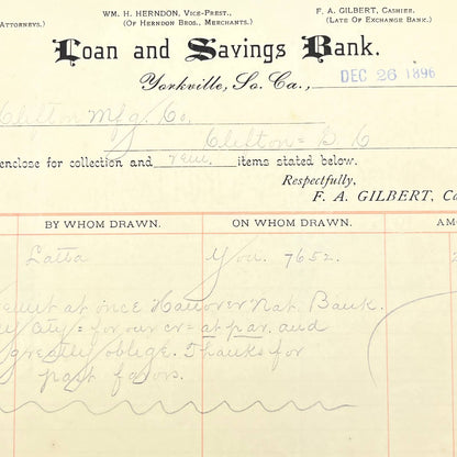 1896 Loan & Savings Bank Letterhead Yorkville SC GEO. W. S. HART AB9